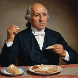 Portray Miguel Hidalgo, the Mexican independence hero, delightfully eating a marquesita, a traditional Mexican dessert.