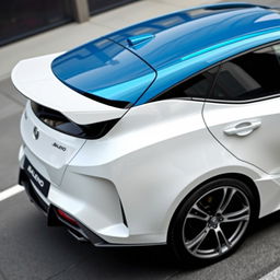 A 2023 Baleno car with a sleek white body and a striking blue roof, equipped with a Koenigsegg Jesko-inspired spoiler for enhanced aerodynamics