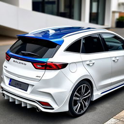 A 2023 Baleno car with a sleek white body and a striking blue roof, equipped with a Koenigsegg Jesko-inspired spoiler for enhanced aerodynamics