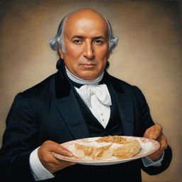 Portray Miguel Hidalgo, the Mexican independence hero, delightfully eating a marquesita, a traditional Mexican dessert.