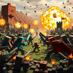 A dramatic and intense scene of a Minecraft-style battle