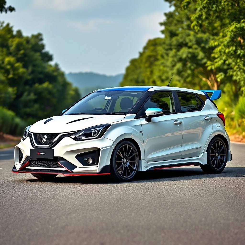 A 2023 Suzuki Baleno car in white with a contrasting blue roof, adorned with a Koenigsegg Jesko inspired spoiler and sleek side skirts