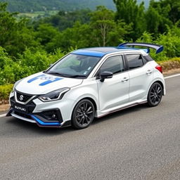 A 2023 Suzuki Baleno car in white with a contrasting blue roof, adorned with a Koenigsegg Jesko inspired spoiler and sleek side skirts