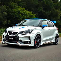 A 2023 Suzuki Baleno car in white with a contrasting blue roof, adorned with a Koenigsegg Jesko inspired spoiler and sleek side skirts