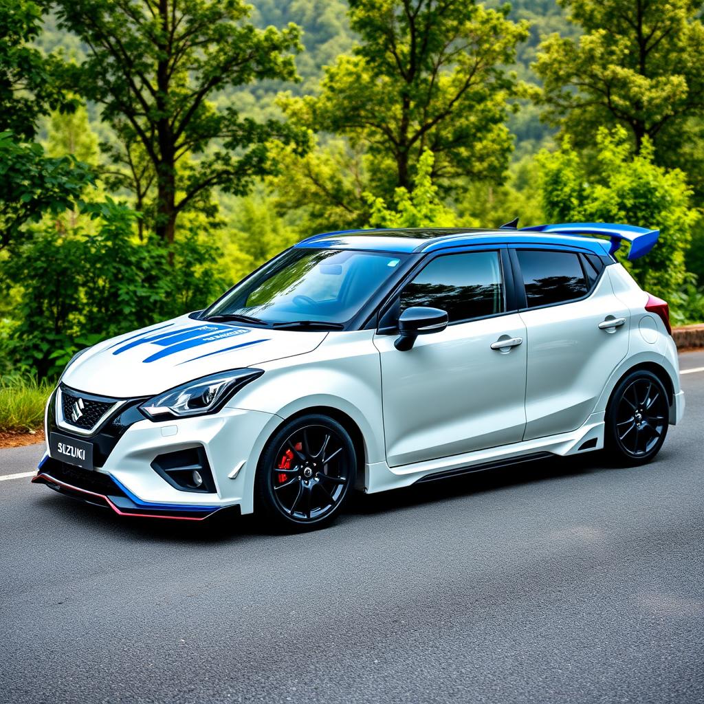 A 2023 Suzuki Baleno car in white with a contrasting blue roof, adorned with a Koenigsegg Jesko inspired spoiler and sleek side skirts