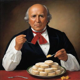 Portray Miguel Hidalgo, the Mexican independence hero, delightfully eating a marquesita, a traditional Mexican dessert.