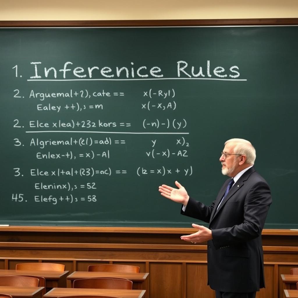 An academic demonstration of inference rules, showcasing a blackboard with logical expressions and arguments being evaluated