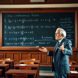 An academic demonstration of inference rules, showcasing a blackboard with logical expressions and arguments being evaluated