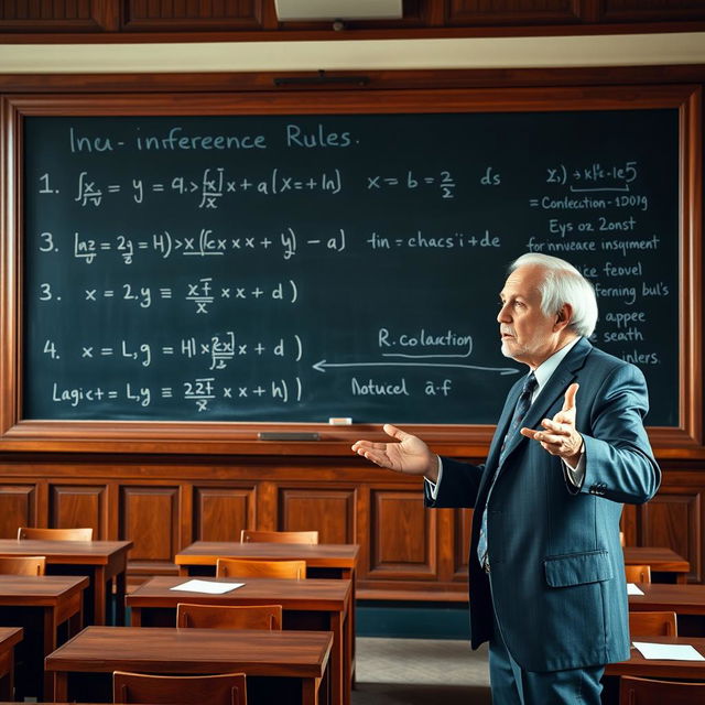 An academic demonstration of inference rules, showcasing a blackboard with logical expressions and arguments being evaluated