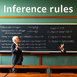 An academic demonstration of inference rules, showcasing a blackboard with logical expressions and arguments being evaluated