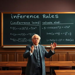 An academic demonstration of inference rules, showcasing a blackboard with logical expressions and arguments being evaluated