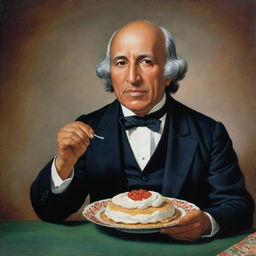 Portray Miguel Hidalgo, the Mexican independence hero, delightfully eating a marquesita, a traditional Mexican dessert.