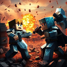 Minecraft scene featuring Steve and Alex engaged in a dramatic battle scenario