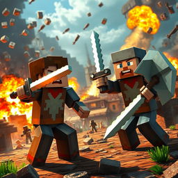 Minecraft scene featuring Steve and Alex engaged in a dramatic battle scenario