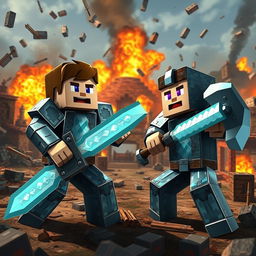 Minecraft scene featuring Steve and Alex engaged in a dramatic battle scenario