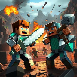 Minecraft scene featuring Steve and Alex engaged in a dramatic battle scenario