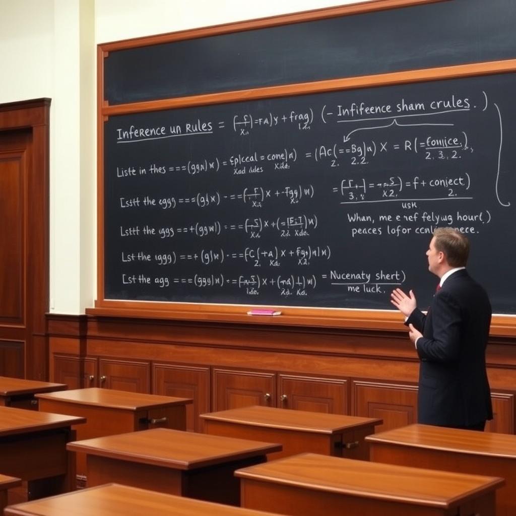 Demonstration of inference rules, featuring a blackboard with various logical expressions and arguments being illustrated