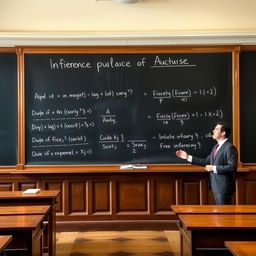 Demonstration of inference rules, featuring a blackboard with various logical expressions and arguments being illustrated