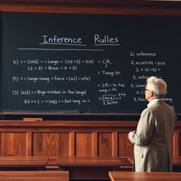 Demonstration of inference rules, featuring a blackboard with various logical expressions and arguments being illustrated