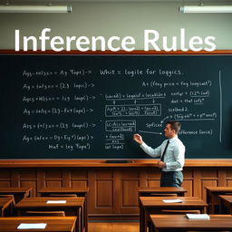 Demonstration of inference rules, featuring a blackboard with various logical expressions and arguments being illustrated