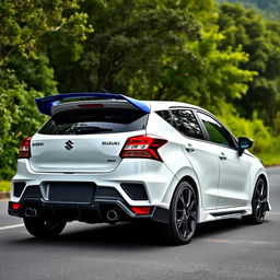 A 2023 Suzuki Baleno car in white with a contrasting blue roof, featuring a Koenigsegg Jesko inspired spoiler and sleek side skirts, complemented by dual tip exhaust diffusers