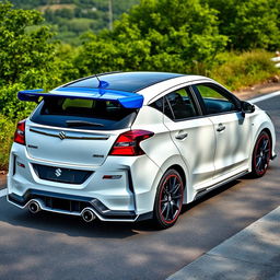 A 2023 Suzuki Baleno car in white with a contrasting blue roof, featuring a Koenigsegg Jesko inspired spoiler and sleek side skirts, complemented by dual tip exhaust diffusers