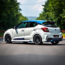 A 2023 Suzuki Baleno car in white with a contrasting blue roof, featuring a Koenigsegg Jesko inspired spoiler and sleek side skirts, complemented by dual tip exhaust diffusers