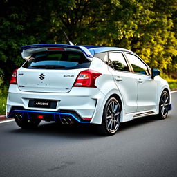 A 2023 Suzuki Baleno car in white with a contrasting blue roof, featuring a Koenigsegg Jesko inspired spoiler and sleek side skirts, complemented by dual tip exhaust diffusers