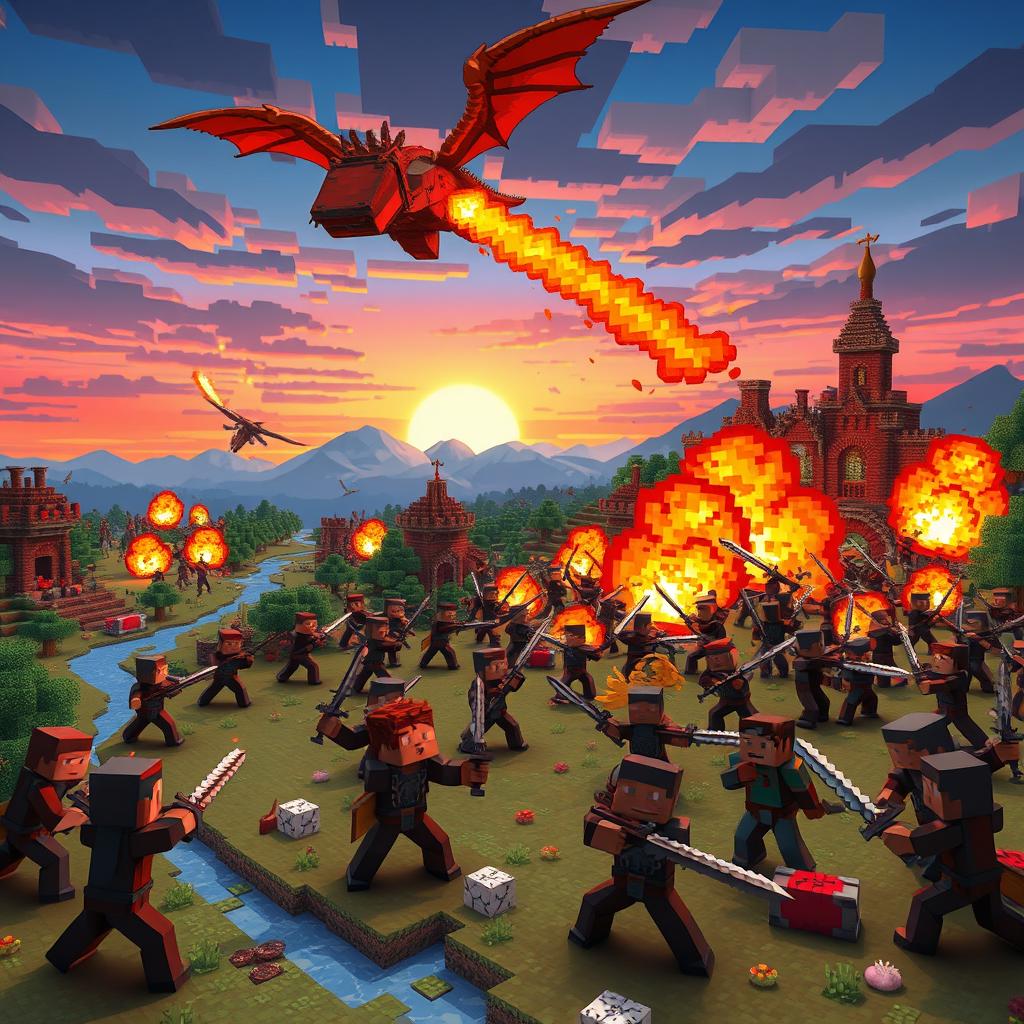 Epic Minecraft war scene with pixelated warriors clashing on a vast battlefield