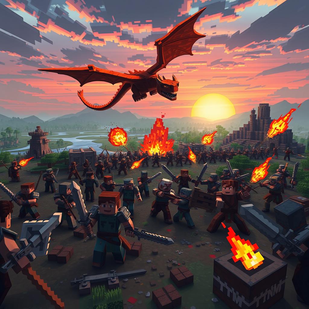 Epic Minecraft war scene with pixelated warriors clashing on a vast battlefield