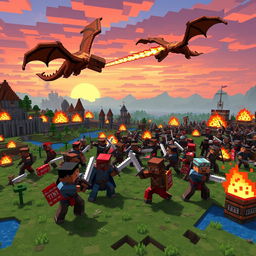 Epic Minecraft war scene with pixelated warriors clashing on a vast battlefield