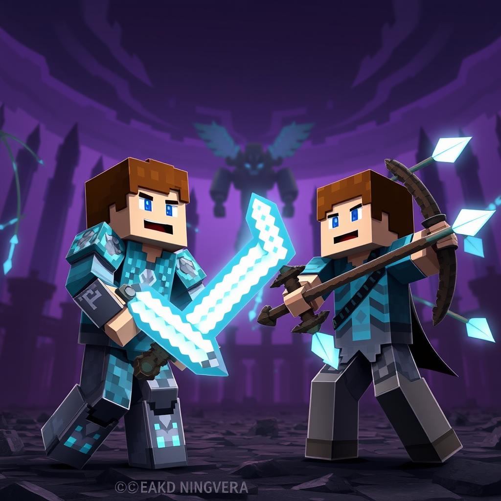 Minecraft scenario featuring Steve and Alex in an epic battle against Endermen