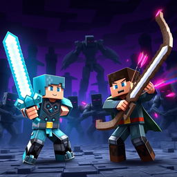 Minecraft scenario featuring Steve and Alex in an epic battle against Endermen