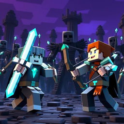 Minecraft scenario featuring Steve and Alex in an epic battle against Endermen