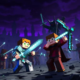 Minecraft scenario featuring Steve and Alex in an epic battle against Endermen