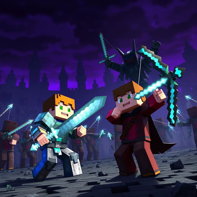 Minecraft scenario featuring Steve and Alex in an epic battle against Endermen