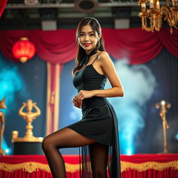 An elegant young Asian woman with long legs adorned in black nylon stockings, embodying the role of a magician's assistant