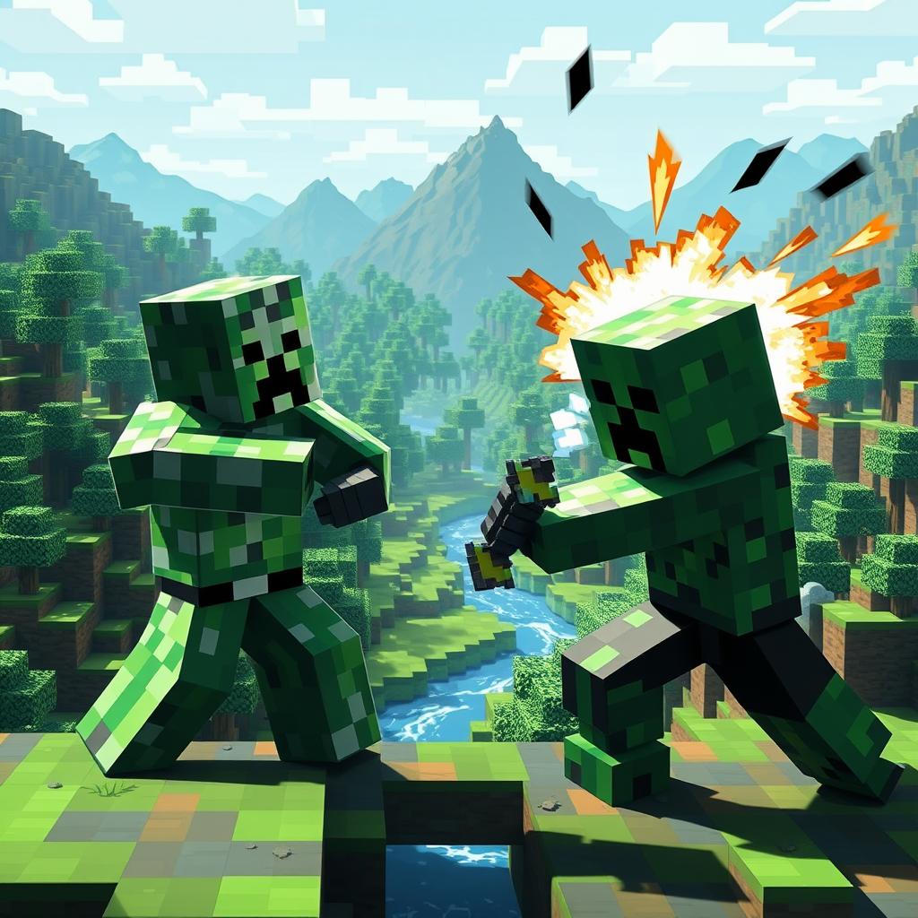 An epic battle scene between Minecraft Creeper and Steve as they fight in a pixelated Minecraft world