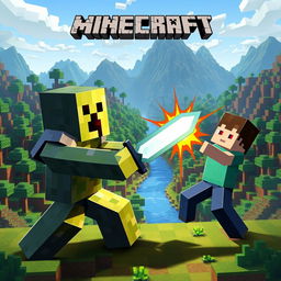 An epic battle scene between Minecraft Creeper and Steve as they fight in a pixelated Minecraft world