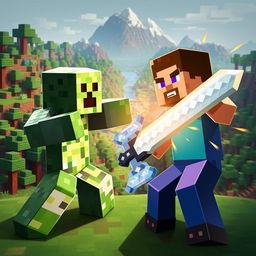 An epic battle scene between Minecraft Creeper and Steve as they fight in a pixelated Minecraft world