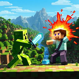 An epic battle scene between Minecraft Creeper and Steve as they fight in a pixelated Minecraft world