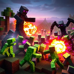 A dynamic and intense scene featuring a battle between 10 Creepers and 10 Endermen in the Minecraft world