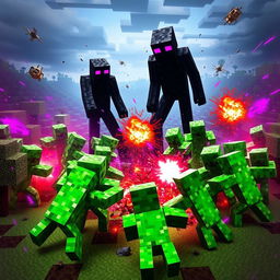 A dynamic and intense scene featuring a battle between 10 Creepers and 10 Endermen in the Minecraft world