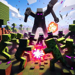 A dynamic and intense scene featuring a battle between 10 Creepers and 10 Endermen in the Minecraft world