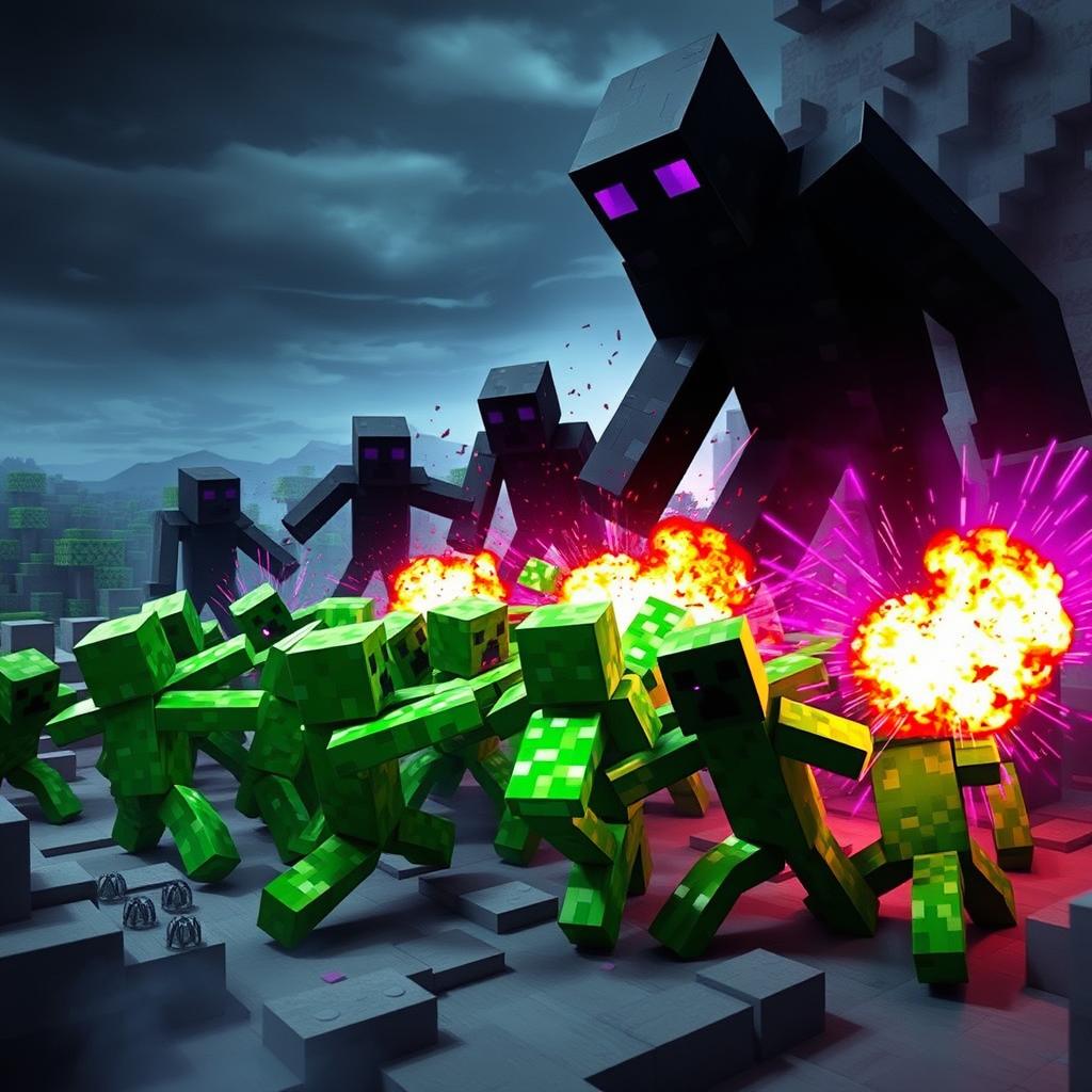 A dynamic and intense scene featuring a battle between 10 Creepers and 10 Endermen in the Minecraft world