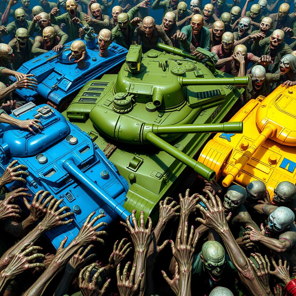 Three vibrant military tanks encircled by a sea of menacing zombies: a blue tank with striking azure armor, a green tank with lush olive drab paint, and a yellow tank with bold, sunny hues