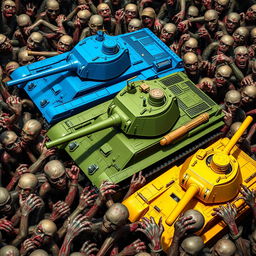 Three vibrant military tanks encircled by a sea of menacing zombies: a blue tank with striking azure armor, a green tank with lush olive drab paint, and a yellow tank with bold, sunny hues