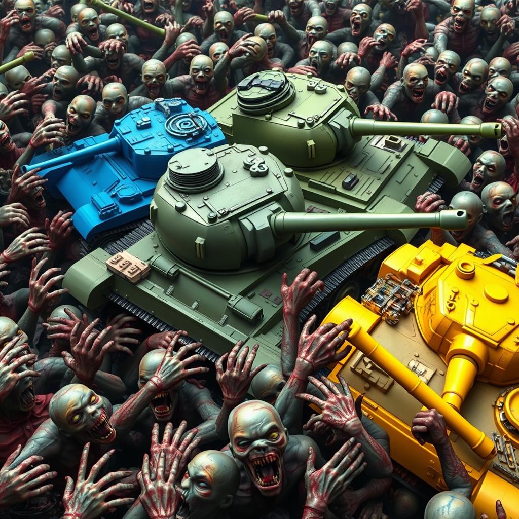 Three vibrant military tanks encircled by a sea of menacing zombies: a blue tank with striking azure armor, a green tank with lush olive drab paint, and a yellow tank with bold, sunny hues