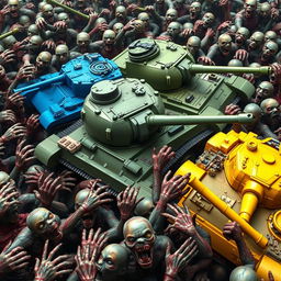 Three vibrant military tanks encircled by a sea of menacing zombies: a blue tank with striking azure armor, a green tank with lush olive drab paint, and a yellow tank with bold, sunny hues