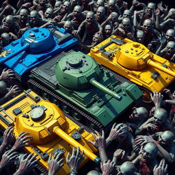 Three vibrant military tanks encircled by a sea of menacing zombies: a blue tank with striking azure armor, a green tank with lush olive drab paint, and a yellow tank with bold, sunny hues